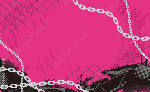 パンク系背景フレーム 鎖と金網黒いインク飛沫デザイン