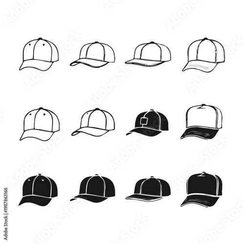 Collection of various baseball cap styles and outlines