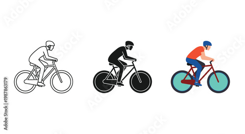 This vector illustration features a cyclist wearing a helmet, actively riding a bicycle with various design styles, perfect for diverse sports and fitness projects.