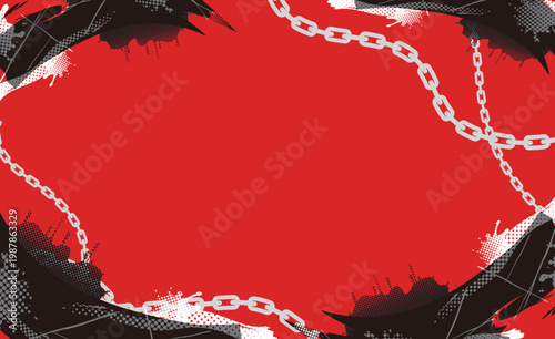 赤色ベースのパンクフレーム 鎖モチーフ インク飛沫 ビビッド配色