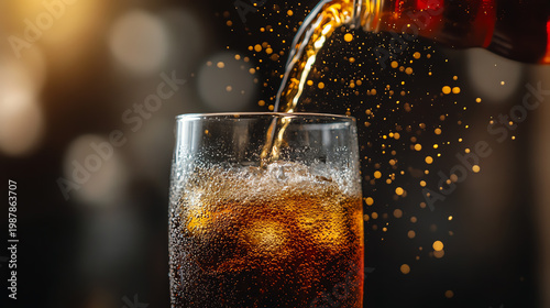 A refreshing glass of fizzy drink being poured with bubbles and ice, perfect for quenching thirst in warm weather.