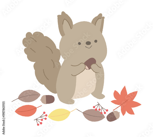 リスとどんぐり、落ち葉や赤い実のイラスト