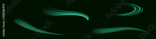Green glowing shiny lines effect vector background. Luminous white lines of speed. Light glowing effect. Light trail wave, fire path trace line and incandescence curve twirl.