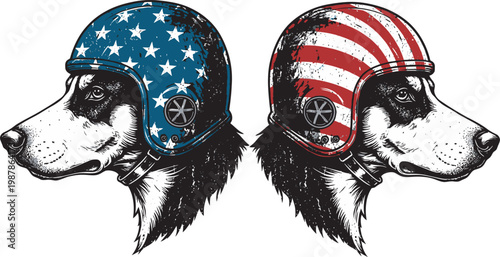 Independence Day Patriotic dogs wearing vintage American flag helmets isolated on white background vector illustration set USA