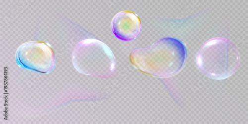 realistic colorful soap bubbles to create a design. Transparent realistic soap bubbles isolated on transparent background.