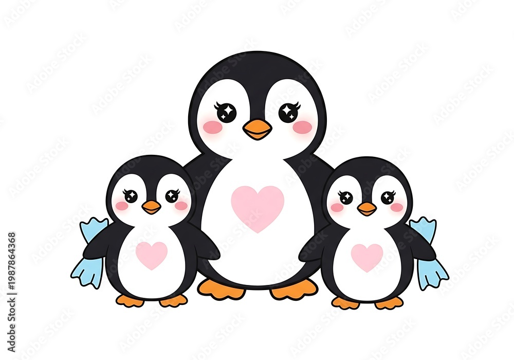 Fototapeta premium A heartwarming illustration of three adorable penguins sharing a moment of love and companionship.