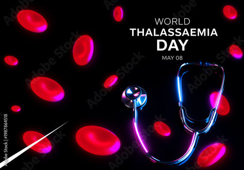 World thalassemia day awareness concept with red blood cells and stethoscope medical illustration