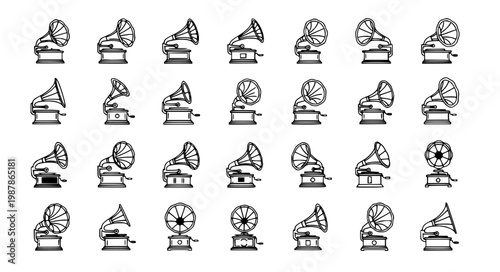 Vintage Gramophone Icon Set Retro Phonograph Horn Outline Music Vector Collection