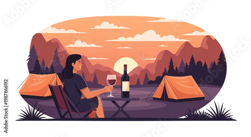 Vector illustration of a woman sitting in a folding chair at a campsite during sunset, holding a glass of red wine with a bottle on a table, orange tents, pine trees, and distant mountains.