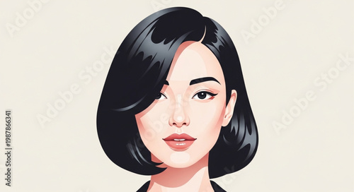 Beautiful Asian Woman Portrait Short Black Hair.