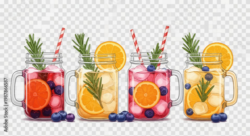 Illustration of four mason jar mugs filled with various fruit-infused iced drinks featuring orange slices, blueberries, rosemary sprigs, and red striped straws on transparent background.