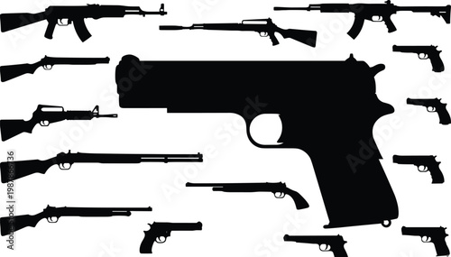 Gun silhouettes collection vector set, handgun rifle shotgun icons, firearm shapes isolated, weapon illustration bundle for security, defense, military, law enforcement design