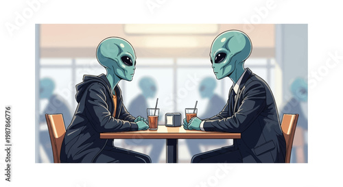 Illustration of two humanoid grey aliens seated at a wooden table in a cafe; one is wearing a black hoodie while the other is dressed in a professional business suit and tie.