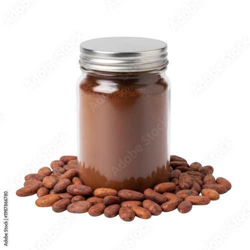 Glass jar filled with cocoa powder and raw cacao beans isolated on a transparent background