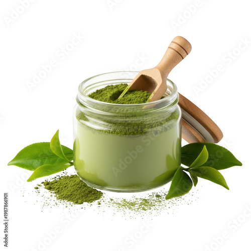 Glass jar of matcha green tea powder with wooden scoop isolated on a transparent background