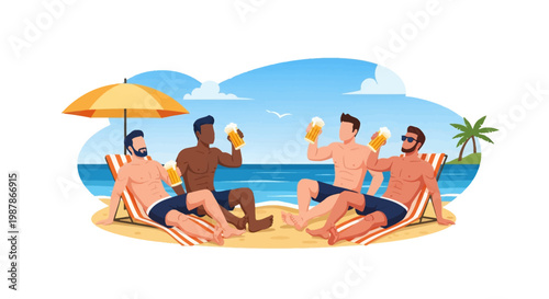 Vector illustration of four diverse men in swim trunks sitting on beach lounge chairs, drinking beer from mugs and cheering under an umbrella by the ocean with a palm tree.