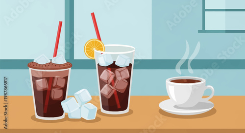 Flat vector illustration of various beverages including two glasses of iced coffee with red straws and ice cubes, an orange slice garnish, and a steaming hot cup of coffee on a table.