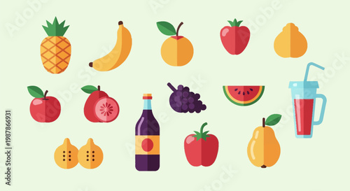 Minimalist flat vector graphic set featuring fruit icons including pineapple, banana, apple, grapes, watermelon slice, strawberry, pear, bell pepper, and juice bottle on light background.
