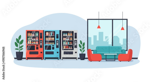 Flat vector illustration of a modern office break room featuring three vending machines, a teal sofa, two red armchairs, indoor plants, and a large window with a city view.