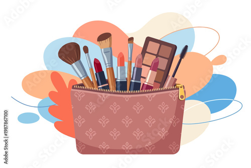Cosmetic bag filled with makeup brushes lipstick and eyeshadow palette.