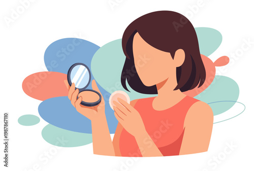 Woman applying makeup with compact powder and mirror.