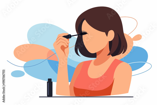 Woman applying mascara to her eyelashes with a makeup brush.
