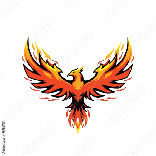 A vibrant phoenix rises majestically with wings spread wide in fiery splendor.