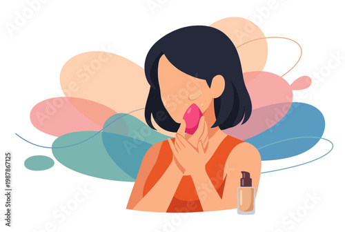 Woman applying makeup with a beauty blender and foundation bottle.