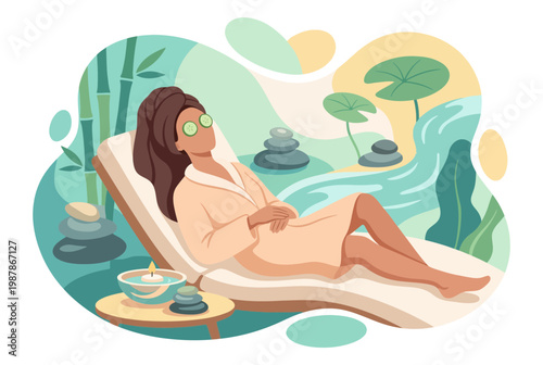 Woman Relaxing in Spa Setting with Eye Masks and Robe.