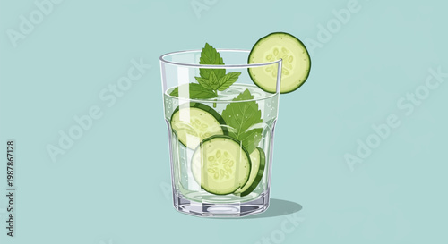 Vector illustration of a tall glass of sparkling water infused with fresh cucumber slices and green mint leaves, isolated on a solid light blue background for a refreshing look.