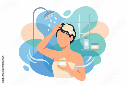 Woman washing hair with shampoo and conditioner in shower.