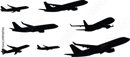 Airplane silhouettes collection, commercial aircraft vector set, passenger jet icons flying positions, aviation transportation illustration isolated black shapes for travel, airline, airport design