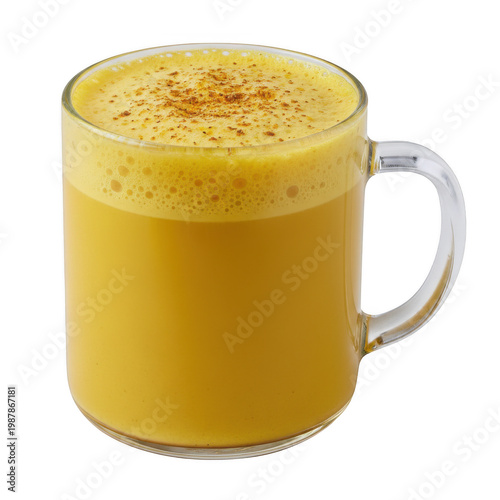 Glass mug of golden turmeric latte with spices isolated on a transparent background
