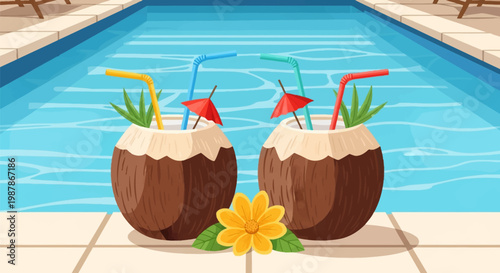 Vector illustration of two refreshing coconut cocktails served in shells with colorful straws and umbrellas, sitting on the edge of a bright blue swimming pool on a sunny day.