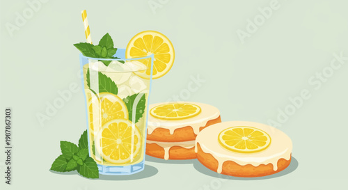 Vector illustration of a glass filled with iced lemonade, fresh lemon slices, mint leaves, and a straw, served alongside three glazed lemon cakes topped with citrus slices.