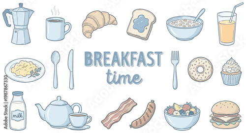 Illustration of Breakfast Time Collection Illustrated Food Drinks Coffee Tea Pastries Biscuits Fruit Juice Beverages