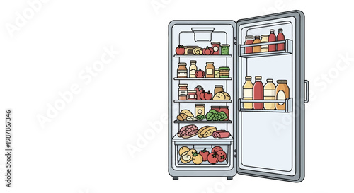 Vector illustration of an open refrigerator packed with diverse food items including jars, bottles, fresh vegetables like tomatoes and broccoli, and various deli meats on a white background.