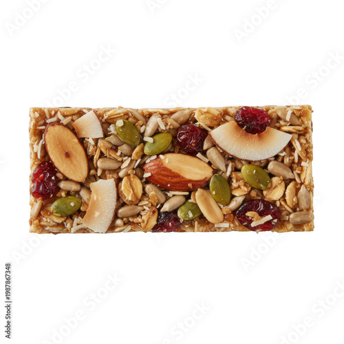 Granola bar with almonds, cranberries, and coconut isolated on a transparent background