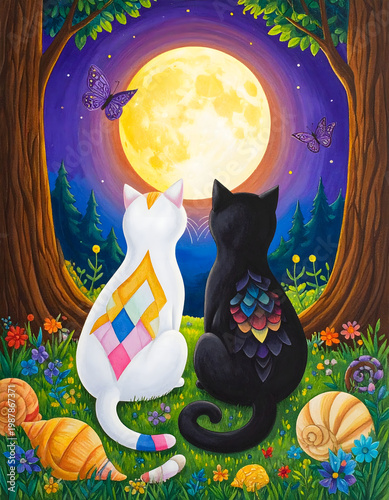 Based on- A whimsical, fairytale-inspired illustration features two stylized cats sit side by side