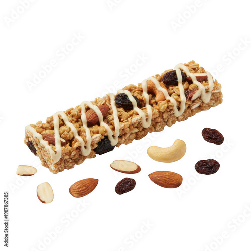 Granola bar with nuts, raisins and white drizzle isolated on a transparent background
