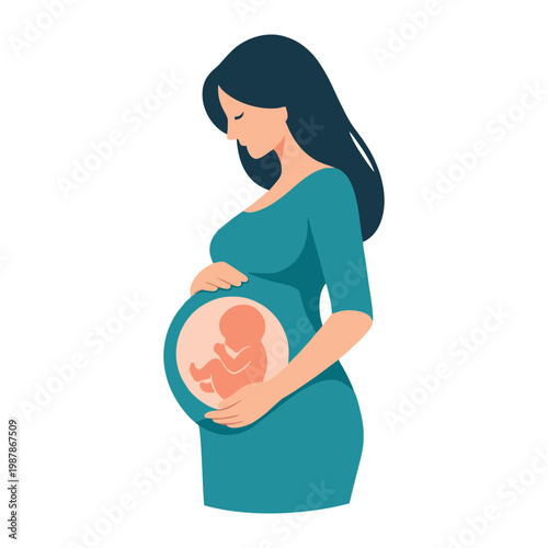 Pregnant Woman Holding Baby in Womb Flat Illustration