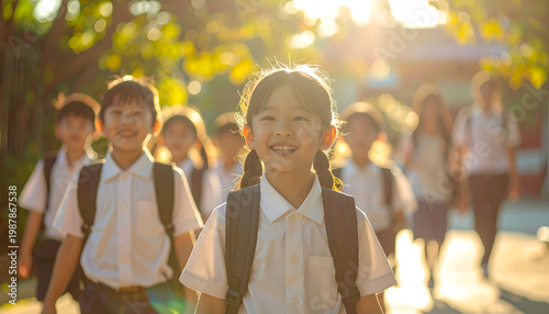 happy elementary school children walking into school on the first day, smiling and expression 