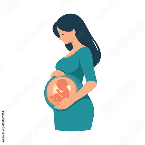 Pregnant Woman Holding Baby in Womb Flat Illustration