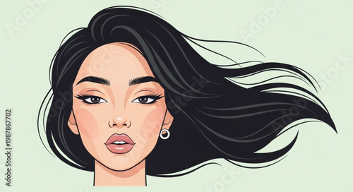 Beautiful Woman With Flowing Black Hair Illustration.