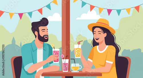 Vector illustration of a cheerful man and woman in a sun hat sitting at an outdoor cafe table, laughing while holding colorful cold drinks under festive bunting on a sunny day.
