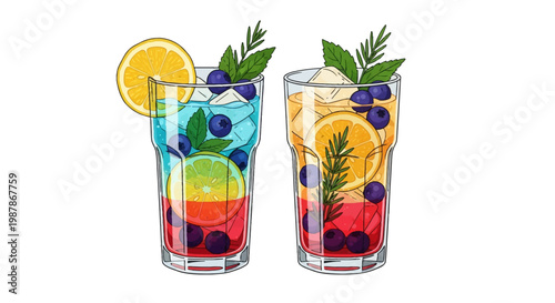 Vector illustration of two tall glasses filled with colorful layered fruit cocktails, featuring blueberries, lemon and orange slices, ice cubes, mint, and rosemary on white background.