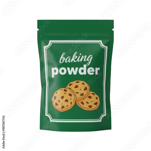Green baking powder pouch with cookie isolated on a transparent background