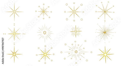 Golden star sparkles and glowing twinkle icons, set of 12 elegant gold starburst vector elements, luxury celestial light flares on white background