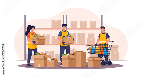Flat vector illustration of volunteers in yellow vests packing food donation boxes with fresh produce and groceries in a warehouse for a charity food bank distribution center.