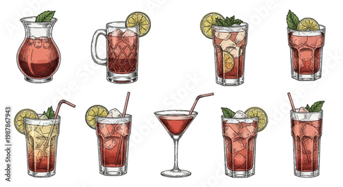Vintage engraved illustration set of cold beverages, iced tea, and cocktails in glassware including pitcher and glasses with ice, lemon, mint, and straws on a white background.